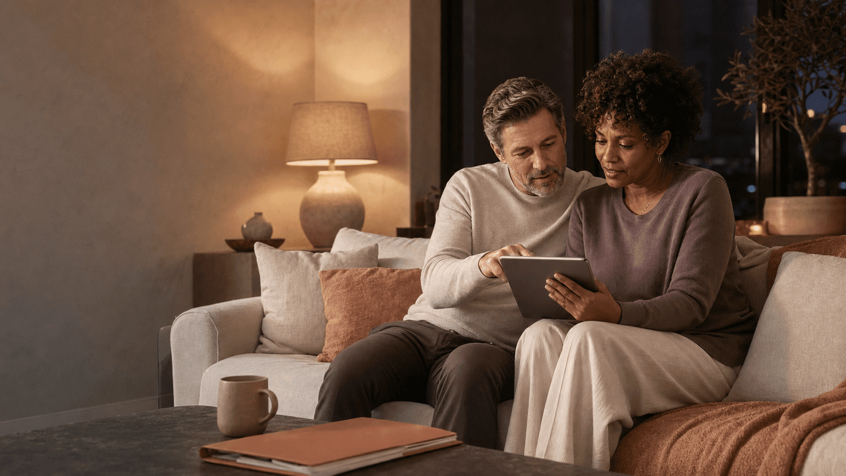 An interracial couple relaxing on a couch at home